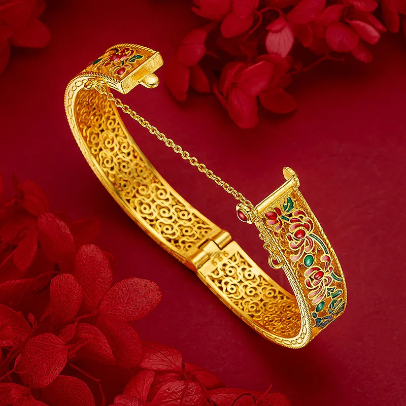 AU999 or méthode ancienne creux 24K bracelet en or véritable femmes léger luxe émail bleu palais style filigrane bracelet