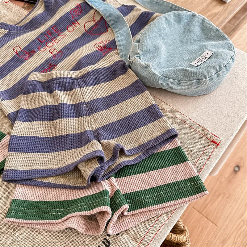 deer jonmi 2024 Summer Korean Style Unisex Kids Striped Outfits Embroidery Loose Tops Shorts 2pcs Toddlers Kids Clothing Sets