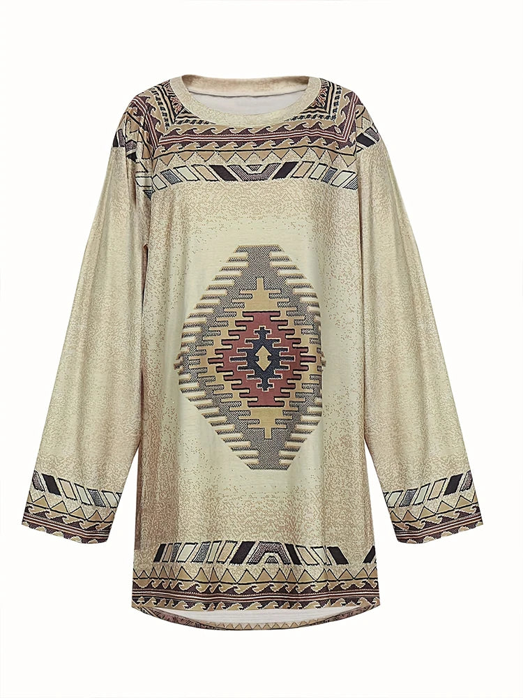 Grande taille femmes Vintage Style ethnique imprimé T-shirt ample manches longues Blouse décontracté col rond hauts sweat pull