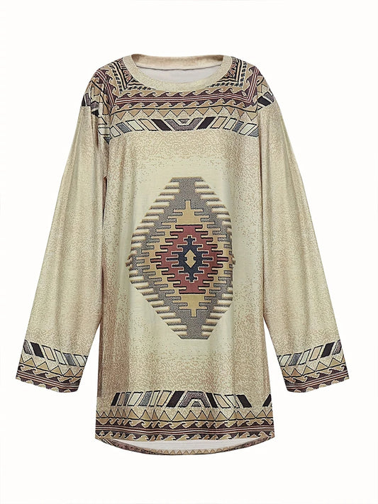 Grande taille femmes Vintage Style ethnique imprimé T-shirt ample manches longues Blouse décontracté col rond hauts sweat pull