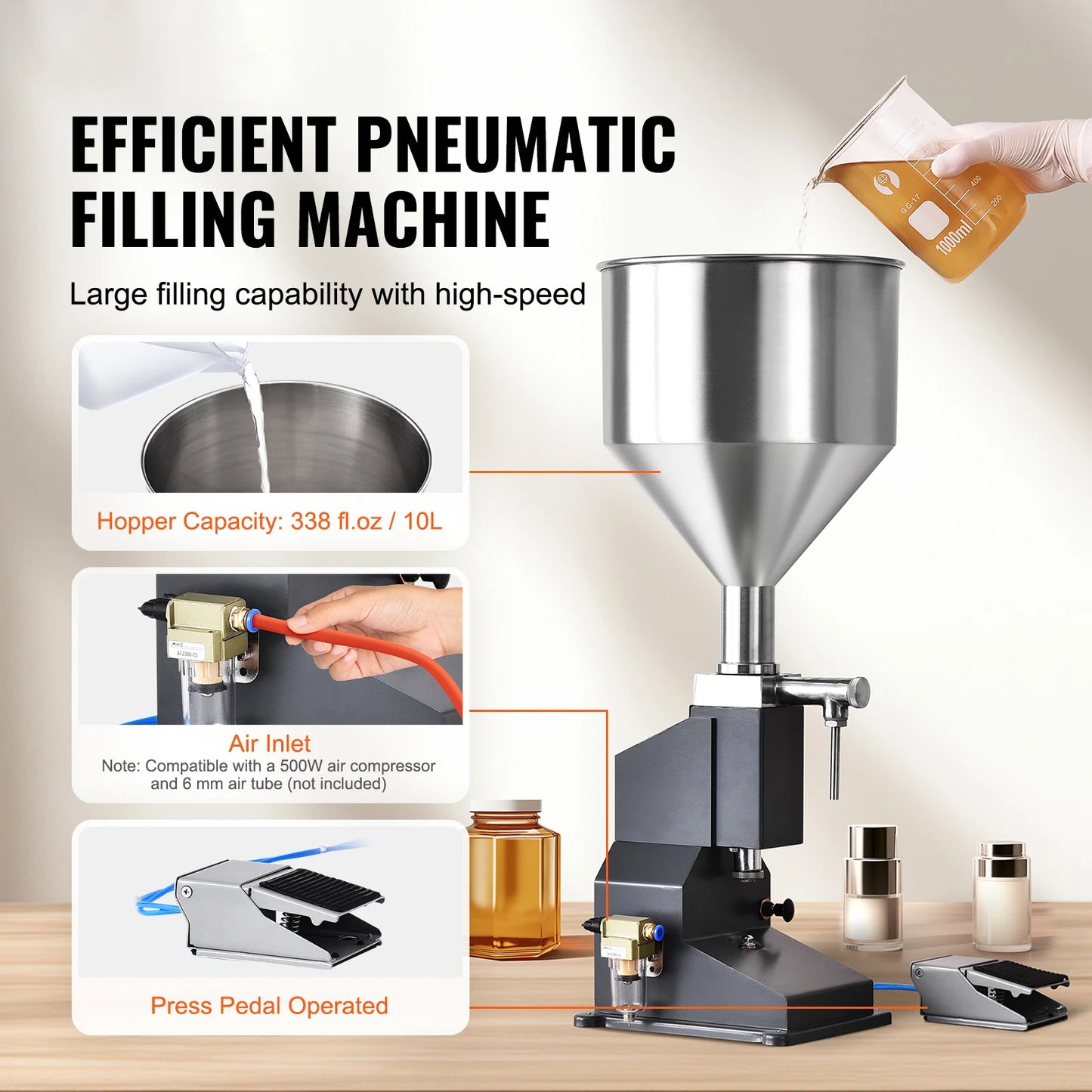VEVOR Machine de Remplissage de Liquide Pâte Pneumatique 5-50 mL Remplisseuse de Bouteilles en Acier Inoxydable avec Pédale pour Lait, Eau, Jus, Huile Essentielle, Shampoing, Miel, Lotion Cosmétique