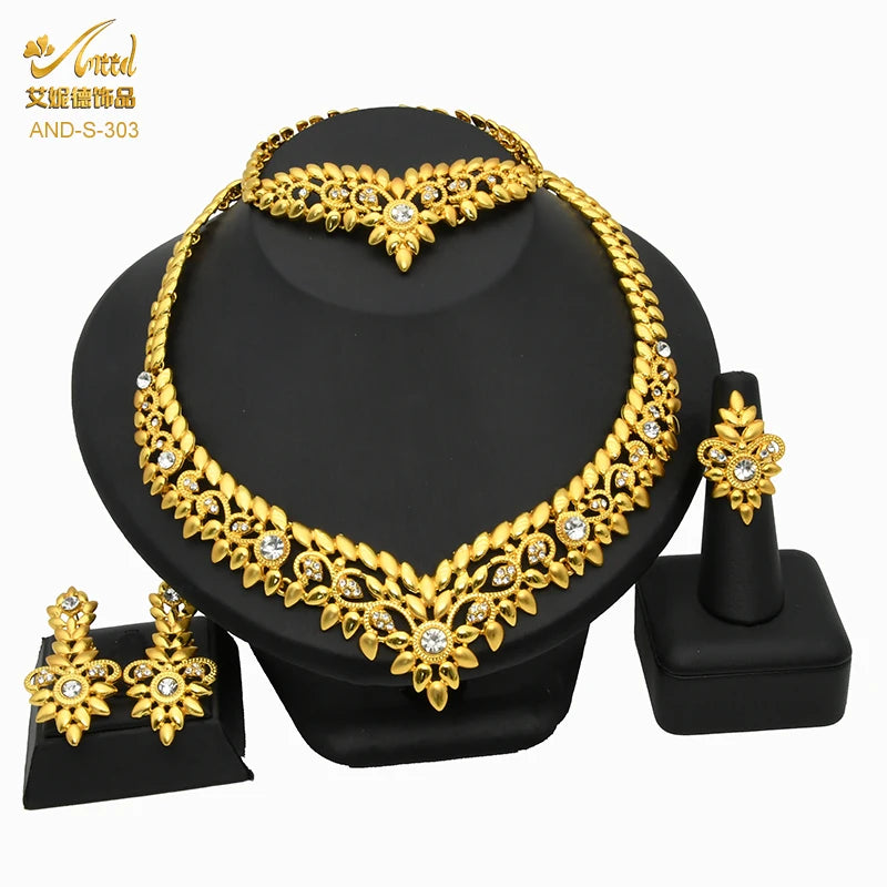 ANIID-Ensembles de bijoux africains pour femmes, boucles d'oreilles fleur, collier ras du cou, bracelet, hawaïen, indien, Dubaï, bijoux dorés, accessoires