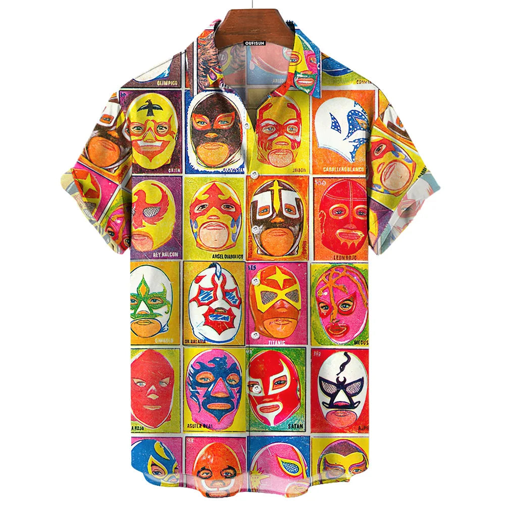 Chemise Vintage pour hommes, imprimé lutte mexicaine en 3d, vêtements pour hommes de haute qualité, ample et surdimensionné, mode décontractée, manches courtes