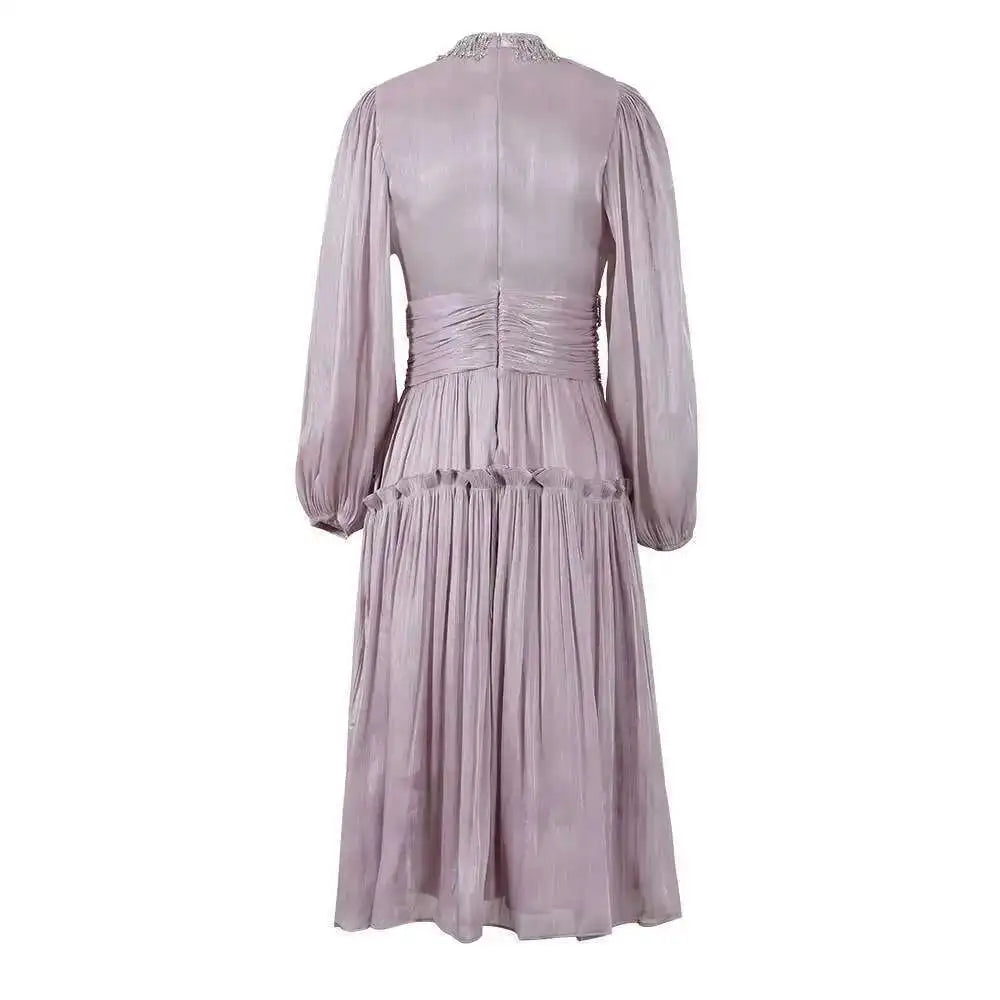 UCXQ Elegant Long Dress French Style Tassels Diamonds Fold Waist Ruffled Edges Evening Dresses Women 2025 Spring Autumn 3WQ8194