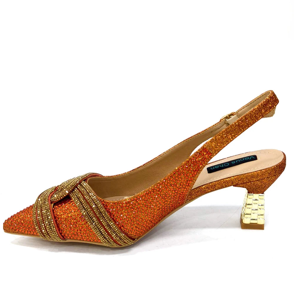 Venus Chan 2024 Design spécial haute qualité couleur Orange femmes africaines chaussures et sac ensemble avec cristal brillant pour la fête de mariage