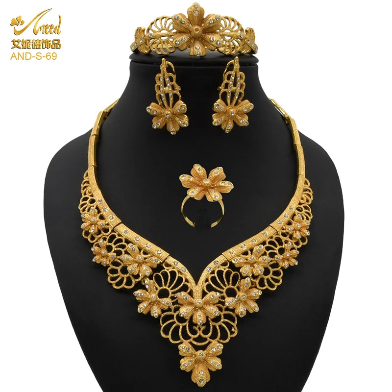 ANIID-Ensembles de bijoux africains pour femmes, boucles d'oreilles fleur, collier ras du cou, bracelet, hawaïen, indien, Dubaï, bijoux dorés, accessoires
