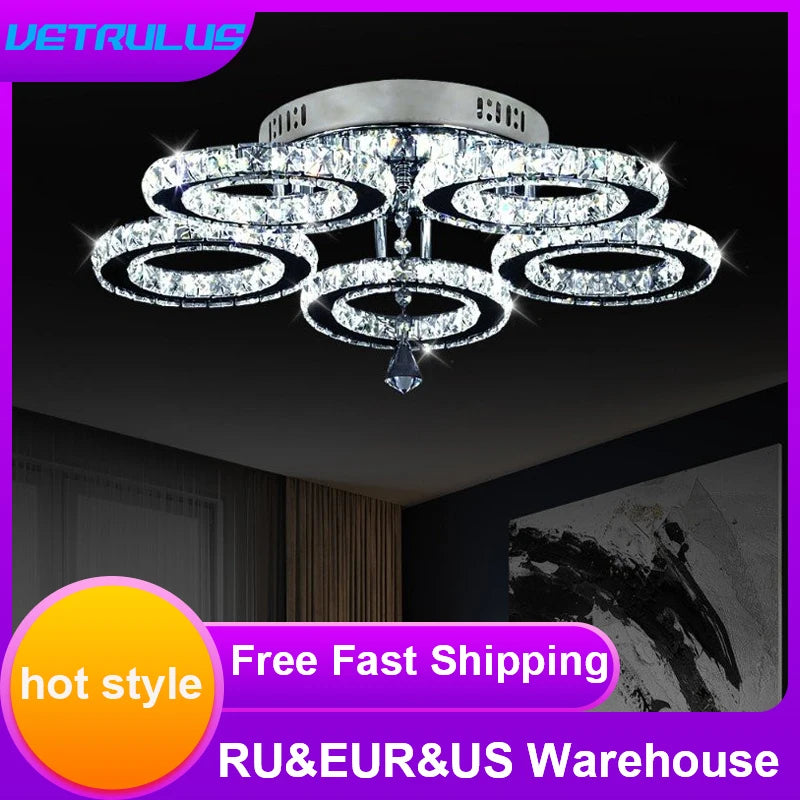 Moderne K9 Led plafonnier en cristal lustre intelligent pendentif anneau de lumière Chrome Plafonier luminaire salle à manger salon décor luxe